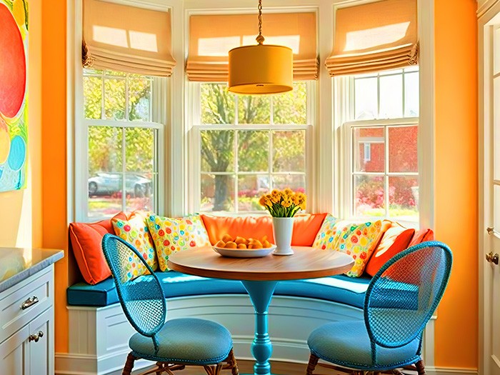 Bright, colorful breakfast nook area with blue seats, round table and orange curtains and walls.