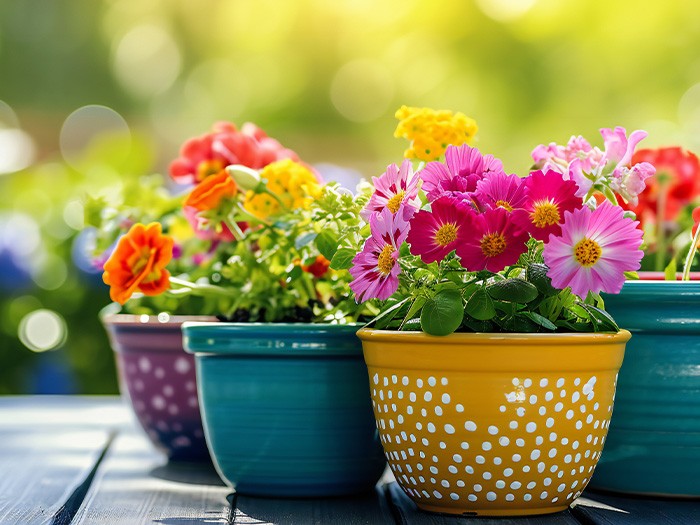 Des pots peints de couleurs vives.