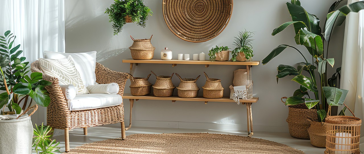 Chaise, paniers et tapis en jute tressé.