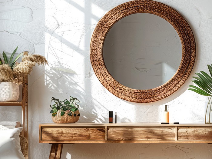 Miroir circulaire en jute tressé.