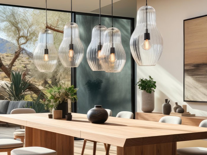 Luminaires uniques au-dessus d’une table à manger moderne.