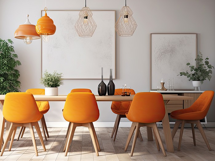 Chaises d’un orange vif autour d’une table de salle à manger en bois.