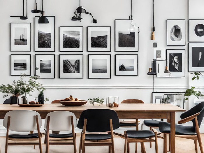 Mur galerie comme toile de fond pour la table de la salle à manger.