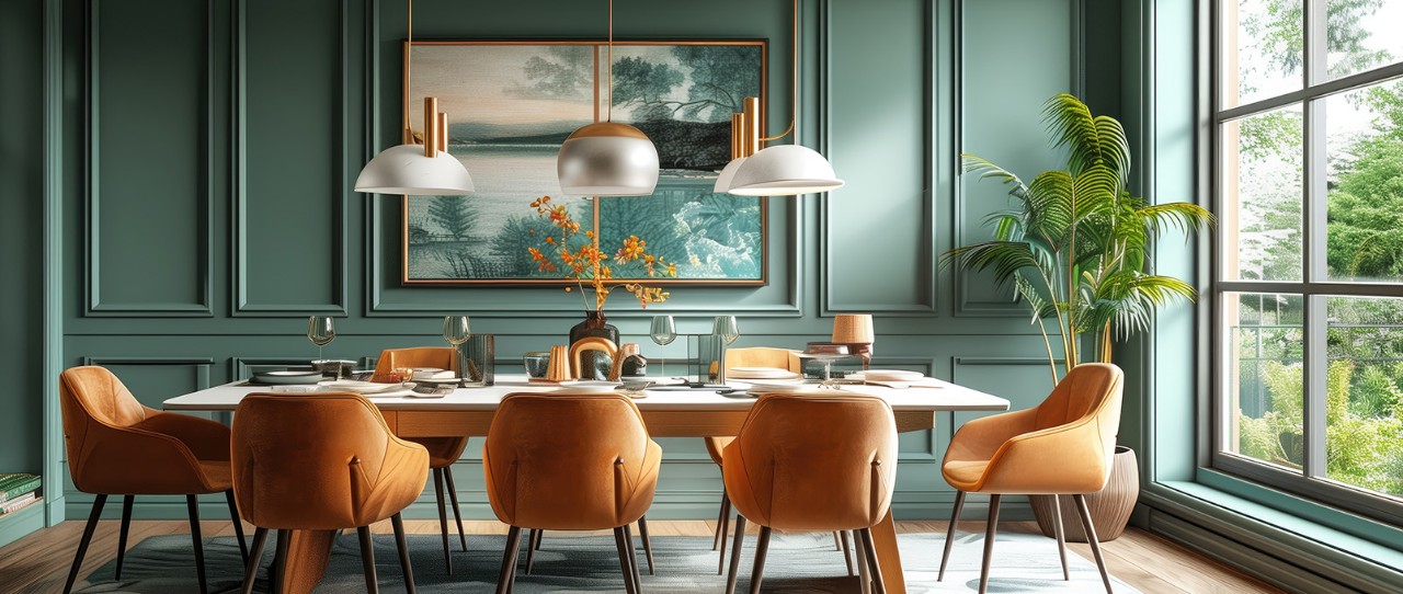 Élégante salle à manger avec des chaises en cuir et un luminaire marron.